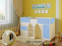 Кровать-чердак Малыш-4 Дуб молочный/Голубой в Емельяново - emelyanovo.katalogmebeli.com | фото